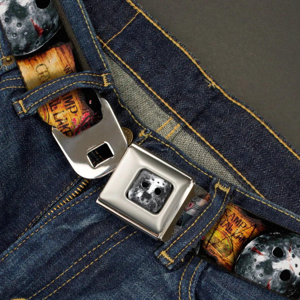 Jason Mask2 CLOSE-UP Full Color Black/Grays Seatbelt Belt - FRIDAY THE 13th/WELCOME TO CAMP CRYSTAL LAKE/Jason Mask3 Stacked/Axe Webbing