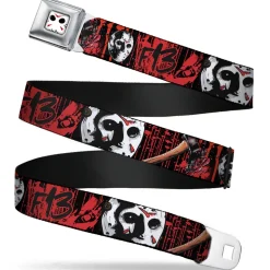 Jason Mask CLOSE-UP Full Color Black/White/Red Seatbelt Belt - FRIDAY THE 13th/Jason Mask4/Axe Blood Splatter Black/Red/White Webbing