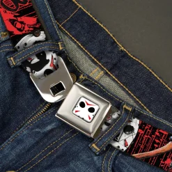 Jason Mask CLOSE-UP Full Color Black/White/Red Seatbelt Belt - FRIDAY THE 13th/Jason Mask4/Axe Blood Splatter Black/Red/White Webbing