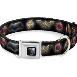JL 2017 Badge Full Color Black/Grays Seatbelt Buckle Collar - Justice League 2017 6-Superhero Icons Black