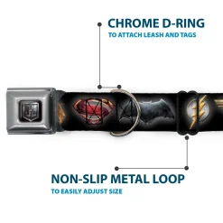 JL 2017 Badge Full Color Black/Grays Seatbelt Buckle Collar - Justice League 2017 6-Superhero Icons Black