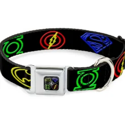 JL Electric Logos Full Color Black/Multi Neon Seatbelt Buckle Collar - Justice League Electric Logos Black/Multi Neon