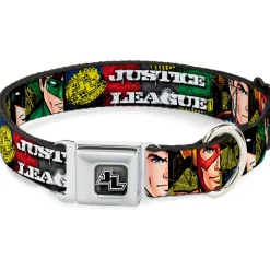 JL Logo Full Color Grays Black White Seatbelt Buckle Collar - JUSTICE LEAGUE Logo/4-Superhero Panels Pop Art