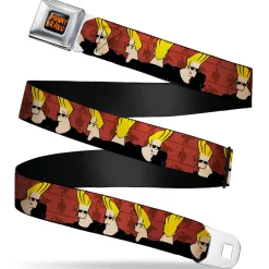 JOHNNY BRAVO Title Logo Full Color Black/Red Seatbelt Belt - Johnny Bravo Pose Turns Browns Webbing