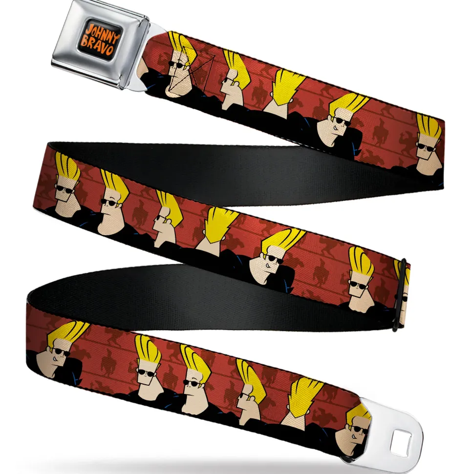 JOHNNY BRAVO Title Logo Full Color Black/Red Seatbelt Belt - Johnny Bravo Pose Turns Browns Webbing
