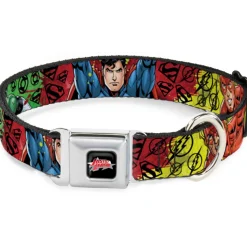 JUSTICE LEAGUE Star Logo Black/Silver-Fade/Red Seatbelt Buckle Collar - Justice League New 52 4-Superhero Poses/Scattered Logos Multi Color/Black