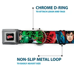 JUSTICE LEAGUE Star Logo Black/Silver-Fade/Red Seatbelt Buckle Collar - Justice League New 52 4-Superhero Poses/Scattered Logos Multi Color/Black
