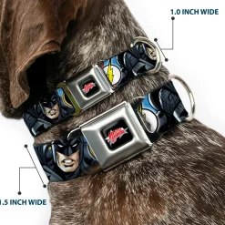 JUSTICE LEAGUE Star Logo Black/Silver-Fade/Red Seatbelt Buckle Collar - Justice League 4-Superhero CLOSE-UP Poses/Logos