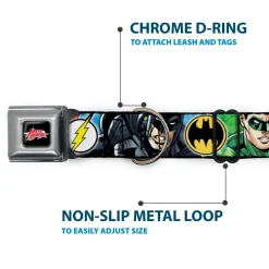 JUSTICE LEAGUE Star Logo Black/Silver-Fade/Red Seatbelt Buckle Collar - Justice League 4-Superhero CLOSE-UP Poses/Logos