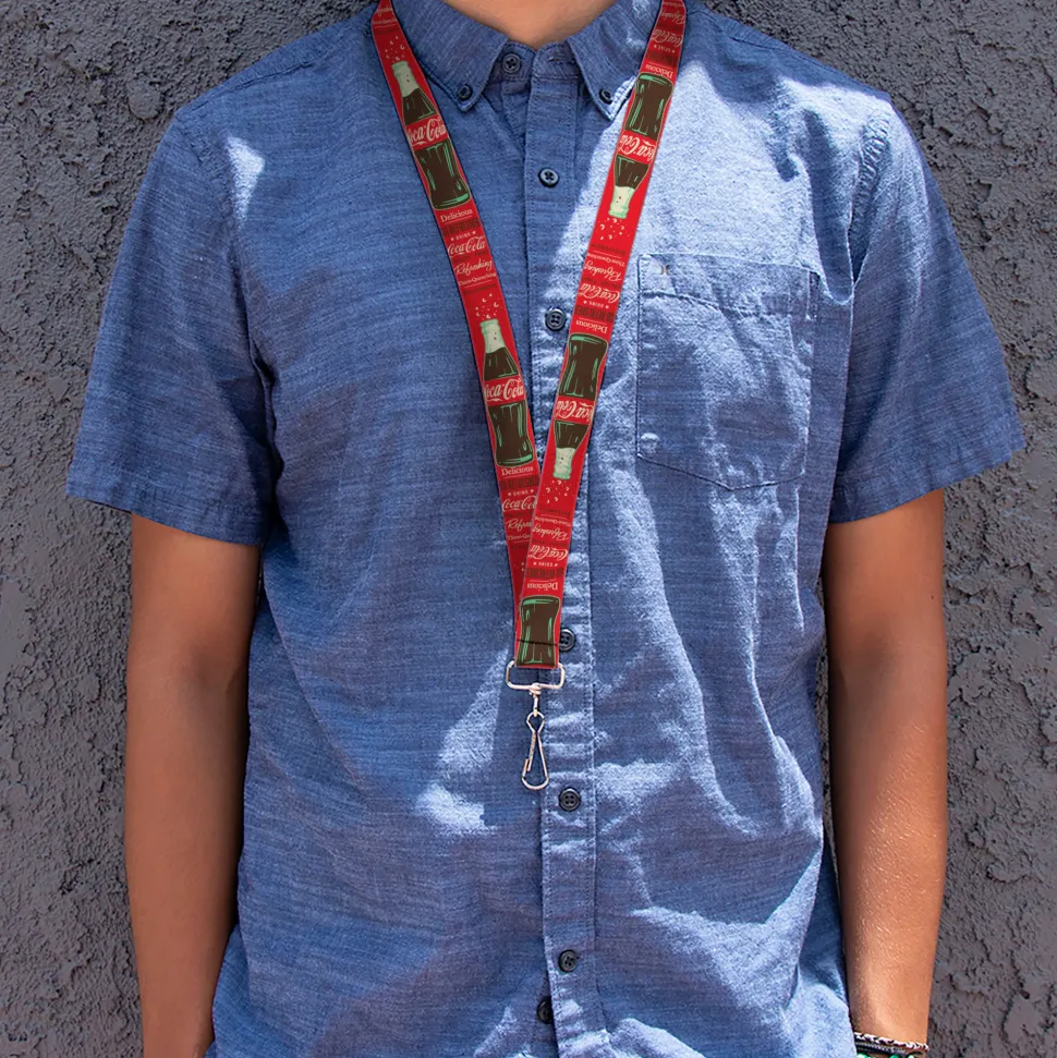 Lanyard - 1.0" - Vintage Coca-Cola DELICIOUS GO REFRESHED Typography and Bottle Red/Brown/White