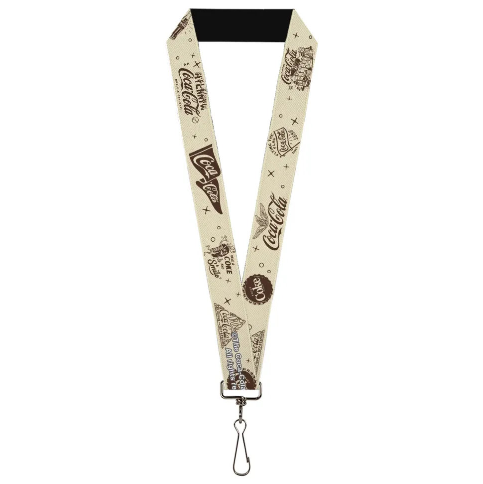 Lanyard - 1.0" - Vintage Coca-Cola Coke Icons and Ad Logos White/Brown