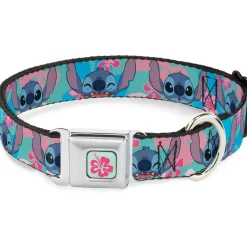 Lilo & Stitch Flower Full Color Blue/Pink Seatbelt Buckle Collar - Lilo & Stitch Stitch Expressions and Tropical Flowers Blues/Pinks