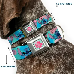 Lilo & Stitch Flower Full Color Blue/Pink Seatbelt Buckle Collar - Lilo & Stitch Stitch Expressions and Tropical Flowers Blues/Pinks
