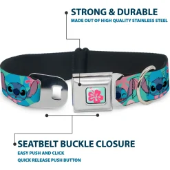Lilo & Stitch Flower Full Color Blue/Pink Seatbelt Buckle Collar - Lilo & Stitch Stitch Expressions and Tropical Flowers Blues/Pinks