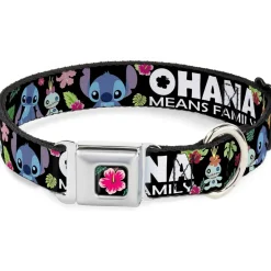 Lilo & Stitch Hibiscus Flower Full Color Black Pink Seatbelt Buckle Collar - OHANA MEANS FAMILY/Stitch & Scrump Poses/Tropical Flora Black/White/Multi Color