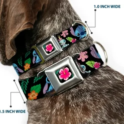 Lilo & Stitch Hibiscus Flower Full Color Black Pink Seatbelt Buckle Collar - OHANA MEANS FAMILY/Stitch & Scrump Poses/Tropical Flora Black/White/Multi Color