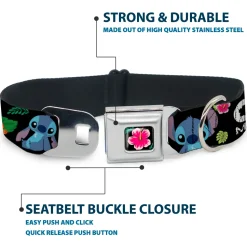 Lilo & Stitch Hibiscus Flower Full Color Black Pink Seatbelt Buckle Collar - OHANA MEANS FAMILY/Stitch & Scrump Poses/Tropical Flora Black/White/Multi Color
