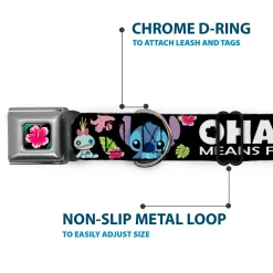 Lilo & Stitch Hibiscus Flower Full Color Black Pink Seatbelt Buckle Collar - OHANA MEANS FAMILY/Stitch & Scrump Poses/Tropical Flora Black/White/Multi Color