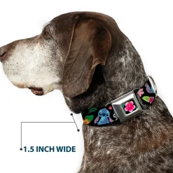 Lilo & Stitch Hibiscus Flower Full Color Black Pink Seatbelt Buckle Collar - OHANA MEANS FAMILY/Stitch & Scrump Poses/Tropical Flora Black/White/Multi Color