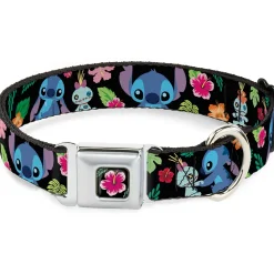Lilo & Stitch Hibiscus Flower Full Color Black/Pink Seatbelt Buckle Collar - Stitch & Scrump Poses/Tropical Flora