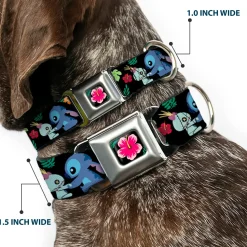 Lilo & Stitch Hibiscus Flower Full Color Black/Pink Seatbelt Buckle Collar - Stitch & Scrump Poses/Tropical Flora
