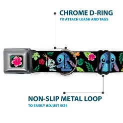 Lilo & Stitch Hibiscus Flower Full Color Black/Pink Seatbelt Buckle Collar - Stitch & Scrump Poses/Tropical Flora