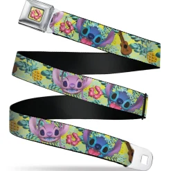 Lilo & Stitch Hibiscus Flower Full Color Yellow/Pink Seatbelt Belt - Angel and Stitch Face and Tropical Icons Yellow/Greens Webbing