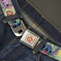 Lilo & Stitch Hibiscus Flower Full Color Yellow/Pink Seatbelt Belt - Angel and Stitch Face and Tropical Icons Yellow/Greens Webbing