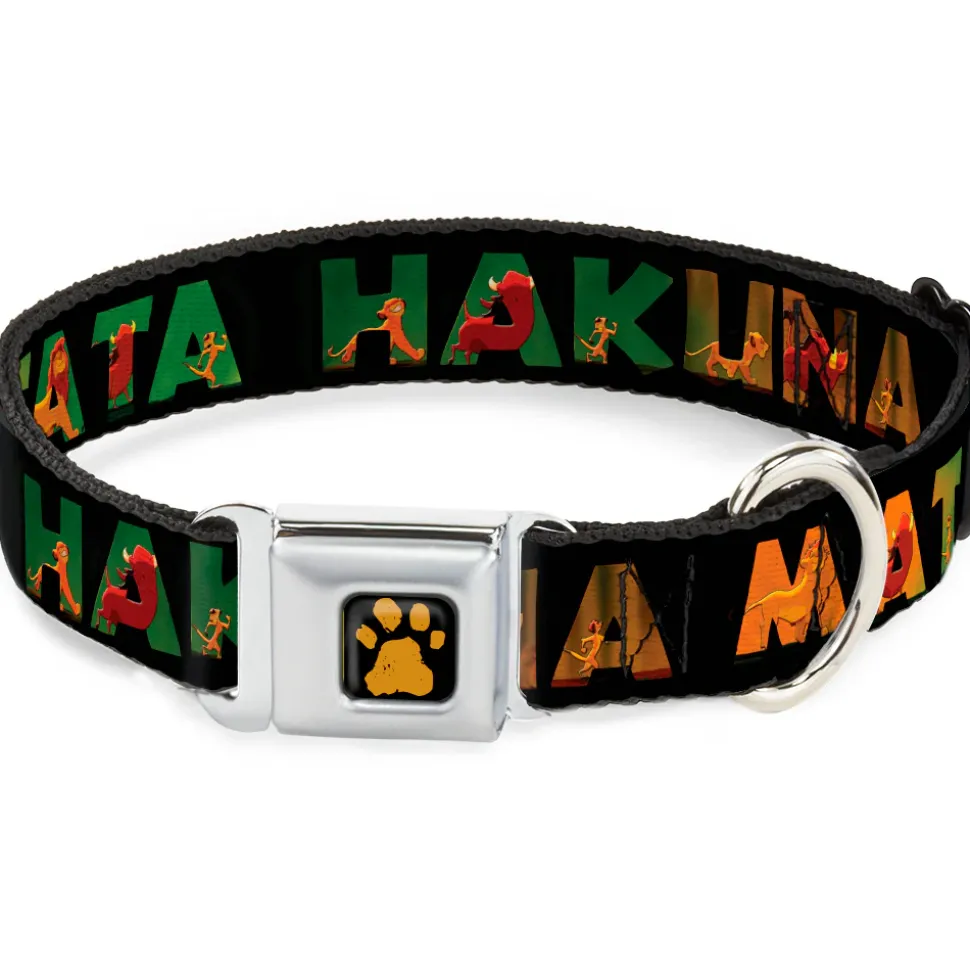 Lion King Paw Full Color Black Gold Seatbelt Buckle Collar - HAKUNA MATATA Black/Lion King Scenes