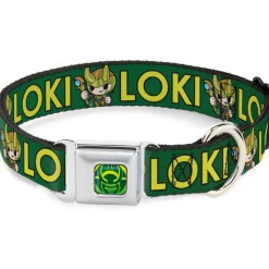 Loki Face Icon Full Color Yellow/Greens Seatbelt Buckle Collar - Kawaii LOKI Standing Pose/Text Green/Yellow