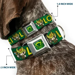 Loki Face Icon Full Color Yellow/Greens Seatbelt Buckle Collar - Kawaii LOKI Standing Pose/Text Green/Yellow