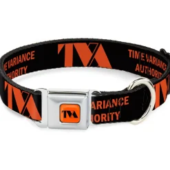 Loki Series TVA Time Variance Authority Logo Full Color Orange/Black Seatbelt Buckle Collar - Loki Series TVA TIME VARIANCE AUTHORITY Text Black/Orange