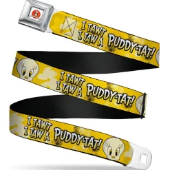 LOONEY TUNES Bullseye Title Logo Full Color White Seatbelt Belt - Looney Tunes Tweety I TAWT I TAW A PUDDY-TAT Expression Yellows Webbing