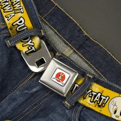 LOONEY TUNES Bullseye Title Logo Full Color White Seatbelt Belt - Looney Tunes Tweety I TAWT I TAW A PUDDY-TAT Expression Yellows Webbing