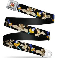 Looney Tunes Logo Full Color White Seatbelt Belt - Road Runner/Wile E. Coyote Expressions CLOSE-UP Black Webbing