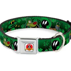 Looney Tunes Logo Full Color White Seatbelt Buckle Collar - Marvin the Martian & K-9 Poses/Clovers Greens