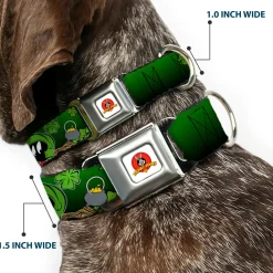 Looney Tunes Logo Full Color White Seatbelt Buckle Collar - Marvin the Martian & K-9 Poses/Clovers Greens