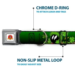 Looney Tunes Logo Full Color White Seatbelt Buckle Collar - Marvin the Martian & K-9 Poses/Clovers Greens