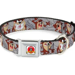 Looney Tunes Logo Full Color White Seatbelt Buckle Collar - Tasmanian Devil Expressions Gray Swirl