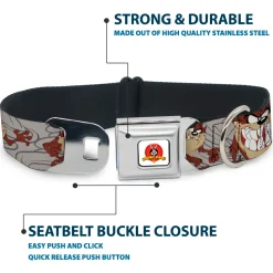 Looney Tunes Logo Full Color White Seatbelt Buckle Collar - Tasmanian Devil Expressions Gray Swirl