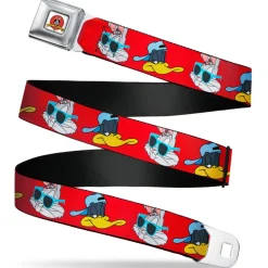Looney Tunes Logo Full Color White Seatbelt Belt - Bugs Bunny & Daffy Duck Hip Hop Expression Red Webbing