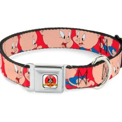 Looney Tunes Logo Full Color White Seatbelt Buckle Collar - Porky Pig Expressions Red