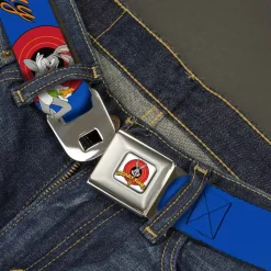 Looney Tunes Logo Full Color White Seatbelt Belt - BUGS BUNNY w/Bugs Poses Blue Webbing