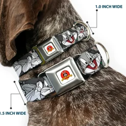 Looney Tunes Logo Full Color White Seatbelt Buckle Collar - Bugs Bunny CLOSE-UP Poses Charcoal