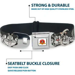 Looney Tunes Logo Full Color White Seatbelt Buckle Collar - Bugs Bunny CLOSE-UP Poses Charcoal