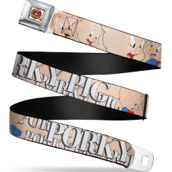 Looney Tunes Logo Full Color White Seatbelt Belt - PORKY PIG w/Poses Pink Webbing