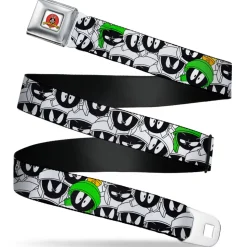 Looney Tunes Logo Full Color White Seatbelt Belt - Marvin the Martian Expressions Stacked White/Black/Green/Gold Webbing