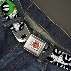 Looney Tunes Logo Full Color White Seatbelt Belt - Marvin the Martian Expressions Stacked White/Black/Green/Gold Webbing