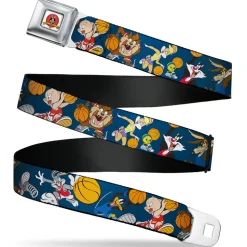 Looney Tunes Logo Full Color White Seatbelt Belt - Looney Tunes Basketball 8-Player Action Poses Navy Webbing