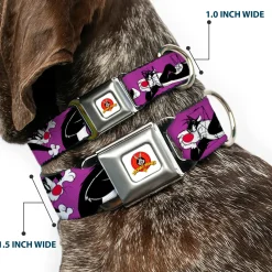 Looney Tunes Logo Full Color White Seatbelt Buckle Collar - Sylvester the Cat Poses Purple